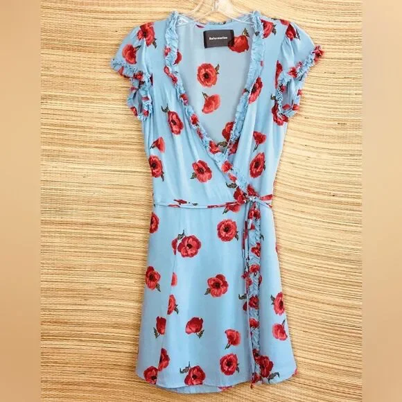 Reformation Garnet Wrap Dress Pelyana V-Neck Floral Print Dress In Blue Ref Sz S - Picture 7 of 16